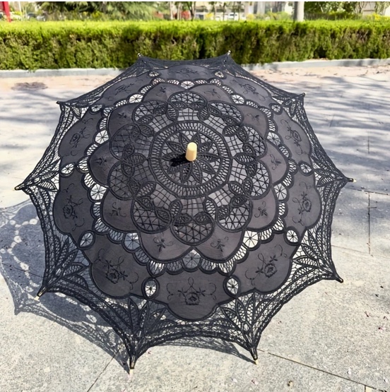 Ladies Black Lacy Regency Victorian Parasol Image